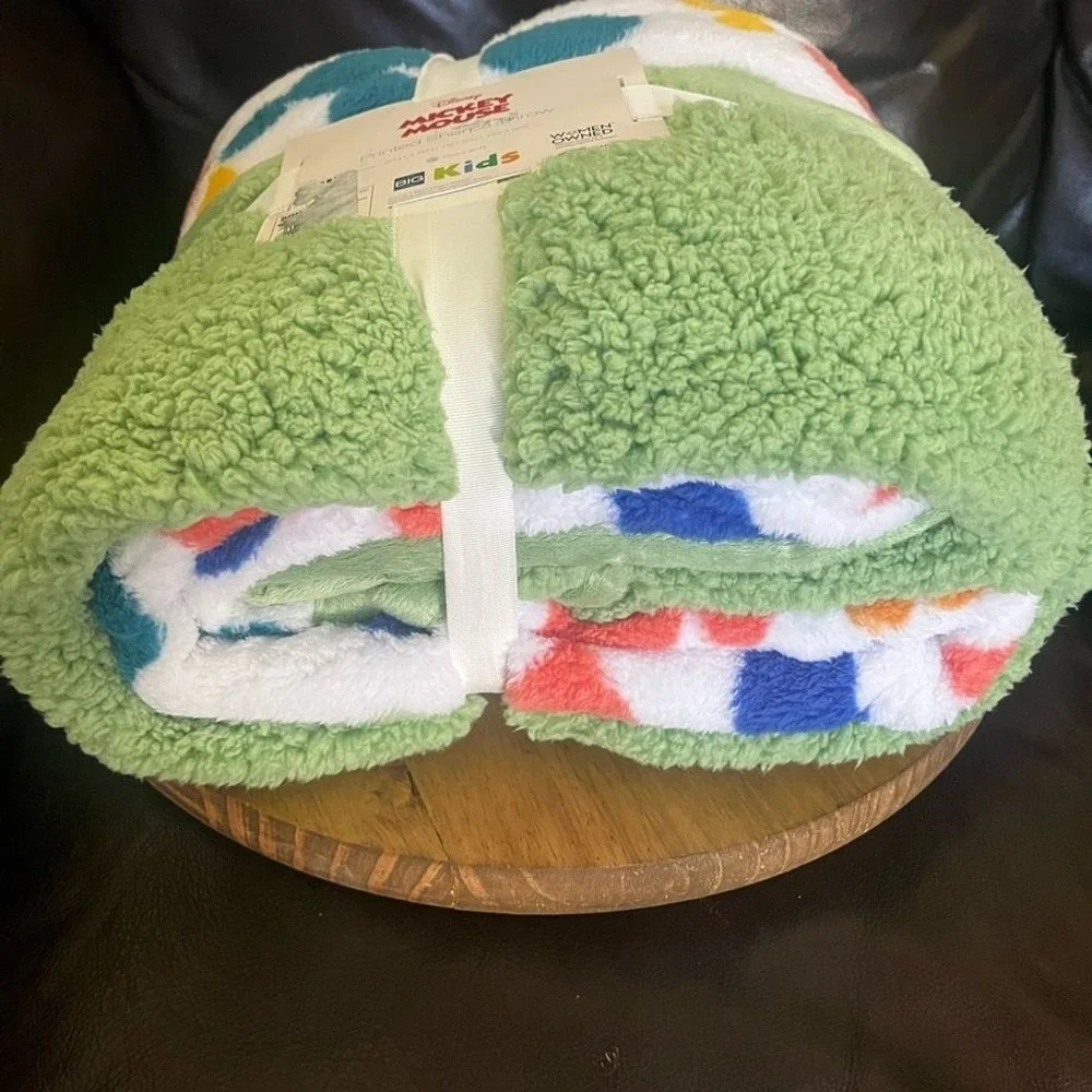 Disney Mickey Mouse Sherpa Throw Blanket Green w/Multi Colored Mickey Shapes 50